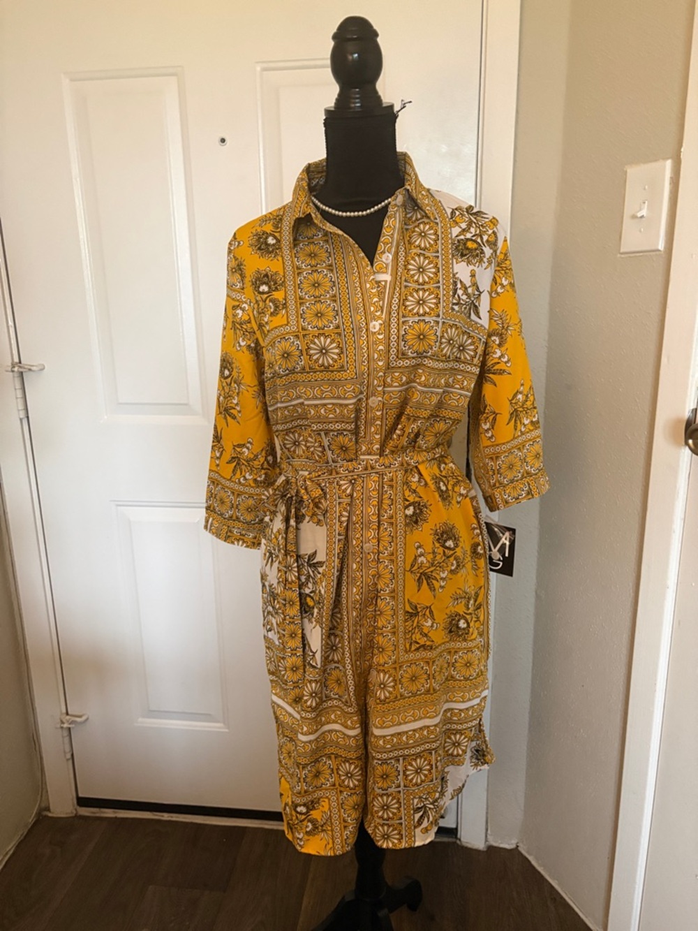 Mlle Gabrielle Yellow Floral Patchwork Shirt Dress with Tie